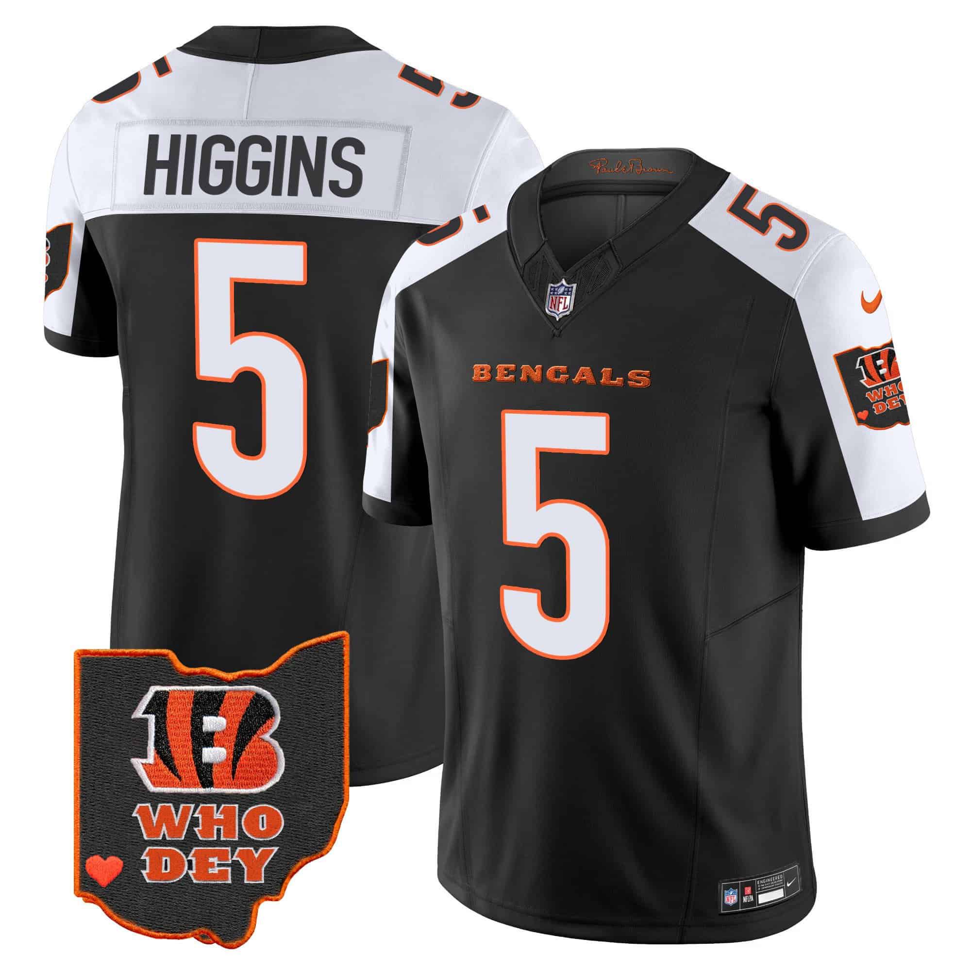 Men Cincinnati Bengals #5 Higgins Black 2024 Nike Patch Vapor Limited NFL Jersey